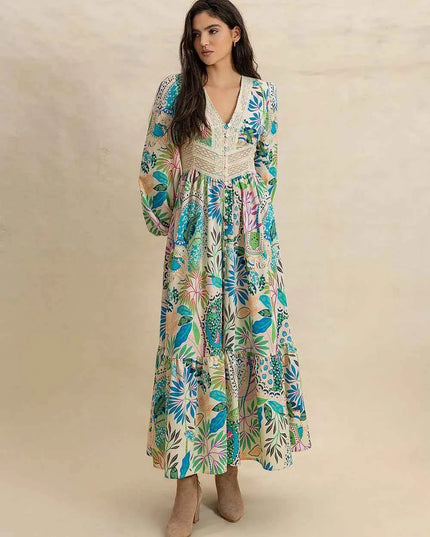 Slit Printed V-Neck Long Sleeve Midi Dress