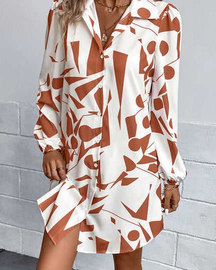 Geometric Long Sleeve Shirt Dress Coral