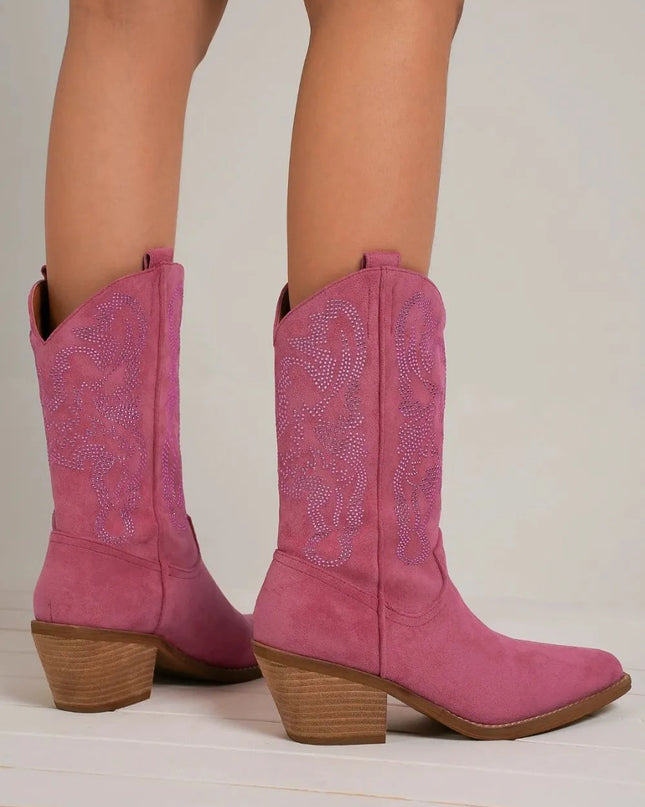 Beast Fashion Rhinestone Detail Point Toe Boots Cerise