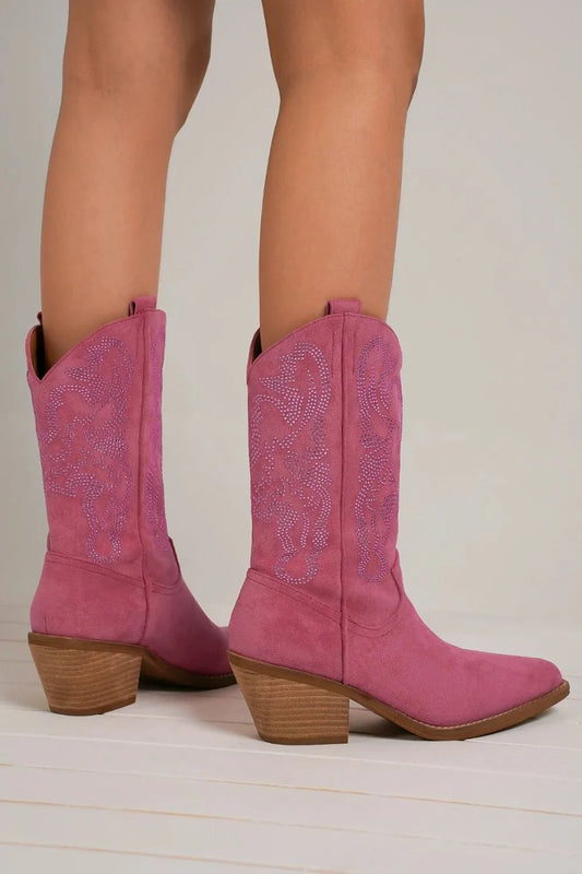 Beast Fashion Rhinestone Detail Point Toe Boots Cerise