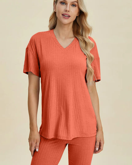 Basic Bae Full Size Ribbed V-Neck Short Sleeve Top and Shorts Set Coral