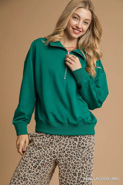 Umgee Half Zip Drop Shoulder Sweatshirt TEAL LAGOON-UMG