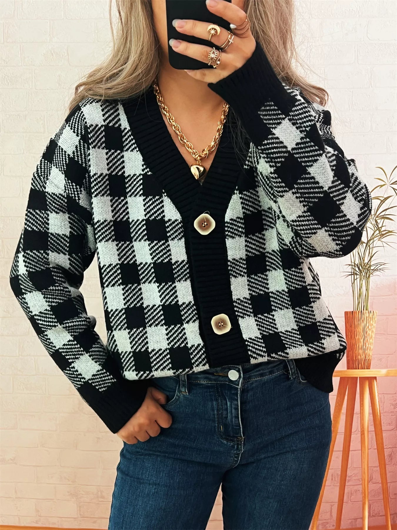 Plaid Button-Down Cardigan Black One Size