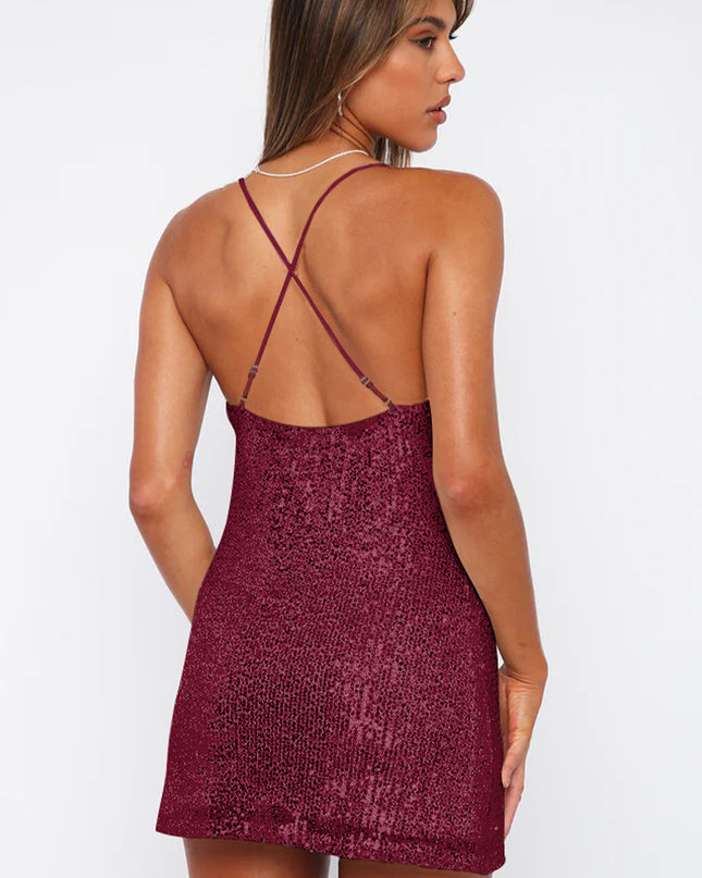 Cowl Neck Contrast Sequin Sleeveless Mini Dress