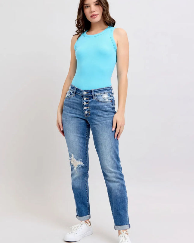 Judy Blue Full Size Button Fly Distressed Jeans with Pockets Plus Size