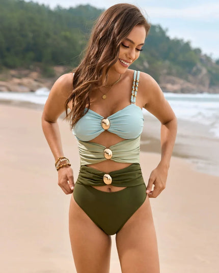 Color Block Sweetheart Neck One-Piece Swimwear