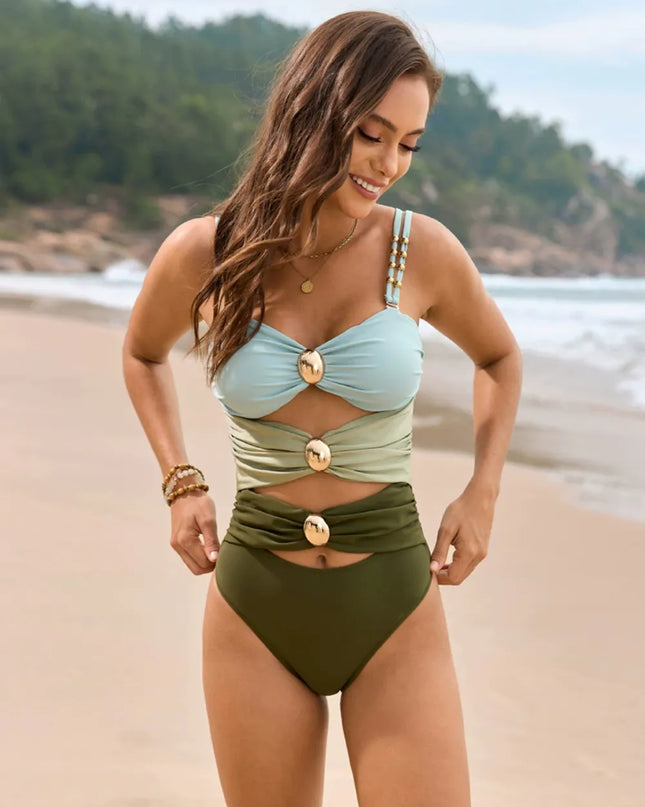 Color Block Sweetheart Neck One-Piece Swimwear