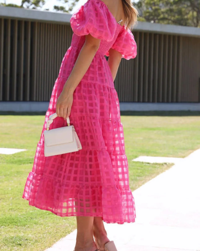 Off Shoulder Short Puff Sleeve Midi Dress