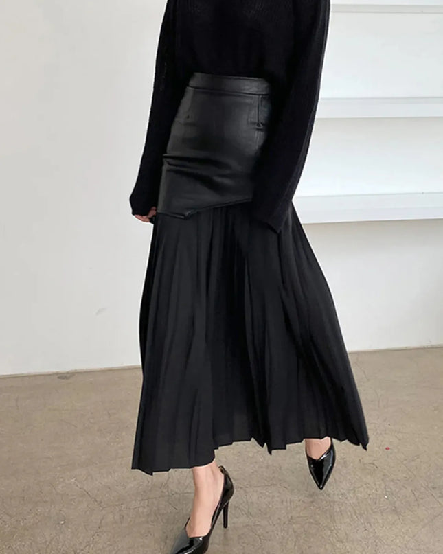 Patchwork Contrast Pleated Skirt Black