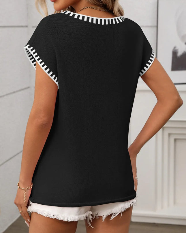 Contrast Trim V-Neck Short Sleeve Knit Top