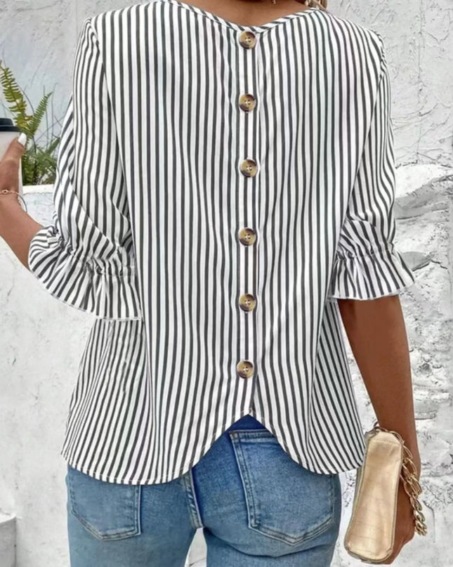 Striped Round Neck Half Sleeve Casual Blouse