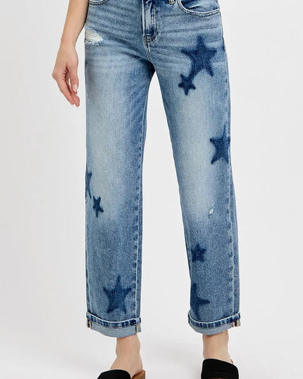 RISEN Full Size Mid Rise Boyfriend Star Shadow Detail Cuffed Jeans Plus Size