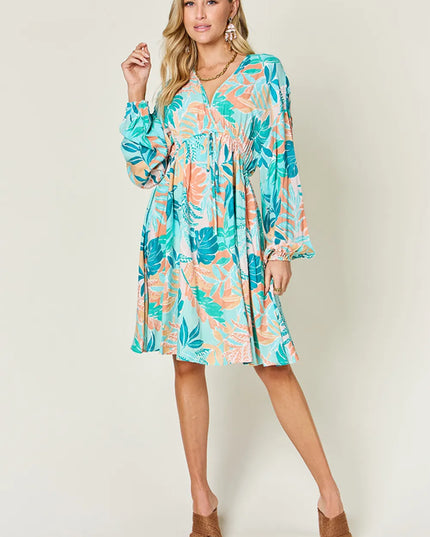 Double Take Full Size Printed V-Neck Drawstring Dress