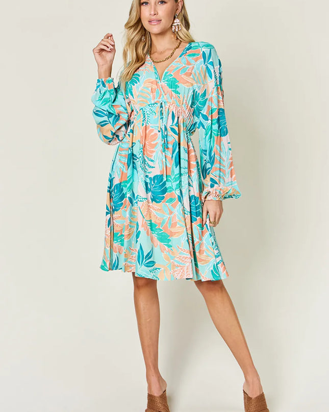 Double Take Full Size Printed V-Neck Drawstring Dress