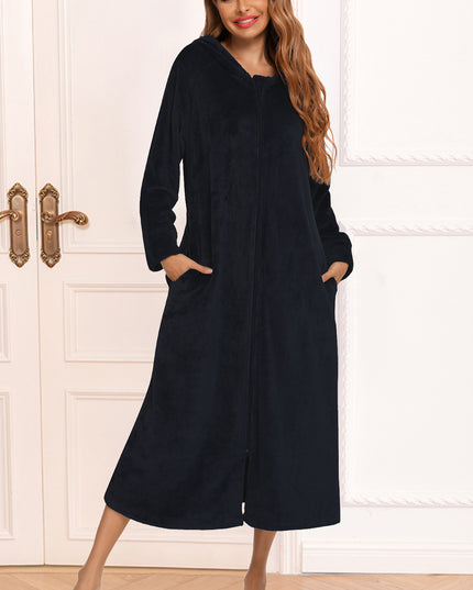 Zip Front Hooded Night Dress with Pockets Black