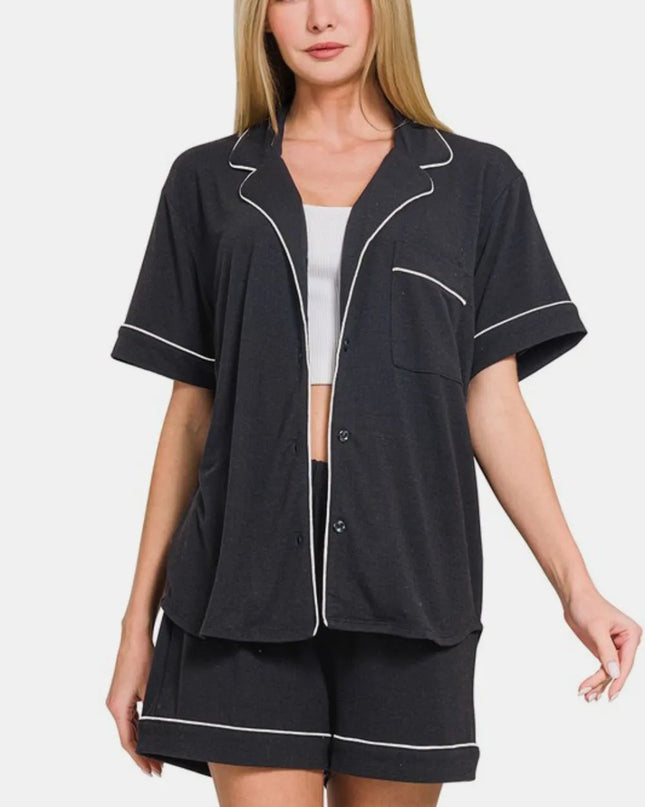 Zenana Button Down Short Sleeve Top and Shorts Lounge Set Black
