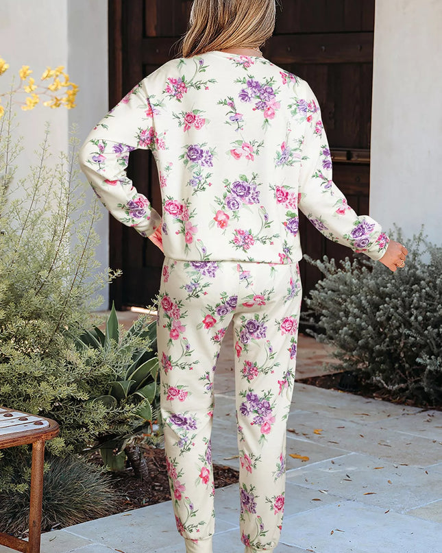 Floral Print Round Neck Top and Drawstring Pants Lounge Set