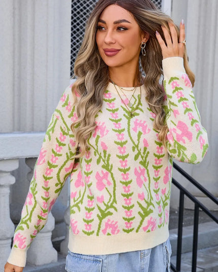 Angel Wings Flower Round Neck Long Sleeve Sweater