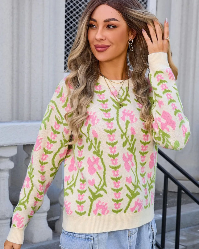 Angel Wings Flower Round Neck Long Sleeve Sweater