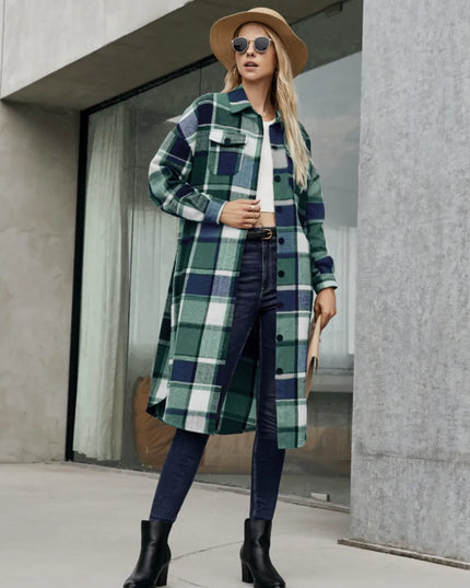 Plaid Pocketed Button Up Trench Coat 