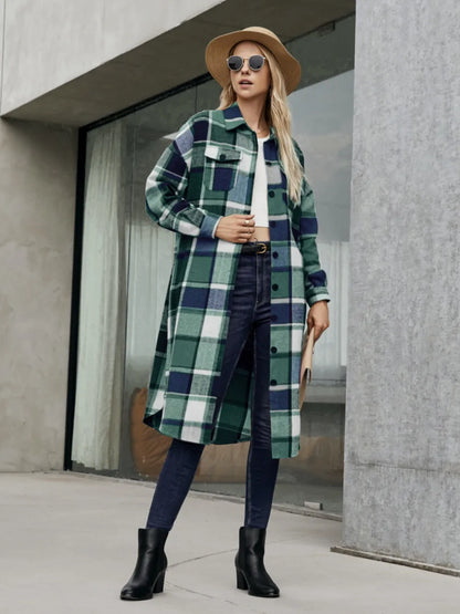 Plaid Pocketed Button Up Trench Coat 