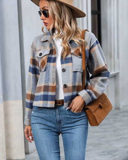 Plaid Oversized Button-Up Cropped Jacket