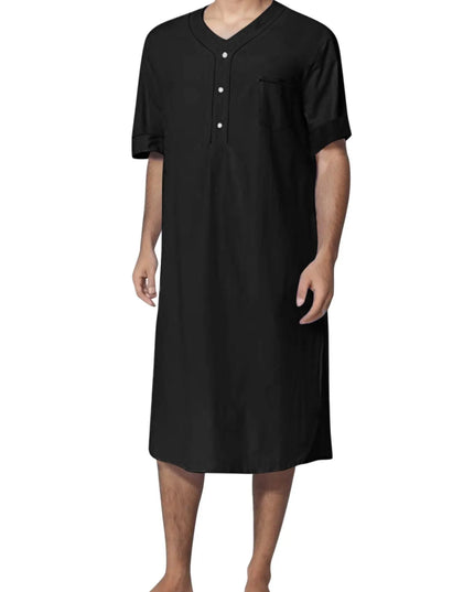 Men's Full Size Button Detail Short Sleeve Lounge Dress Plus Size Black