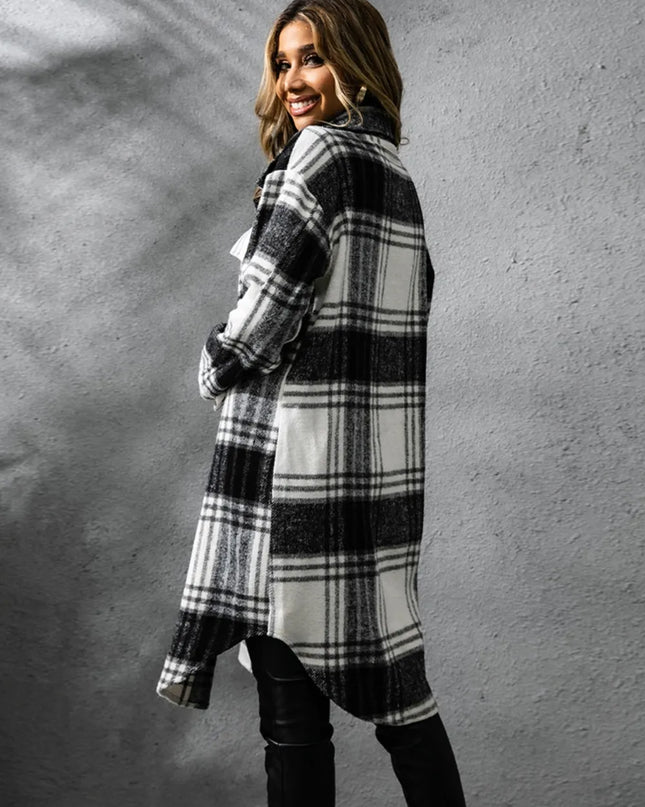 Plaid Collared Neck Long Sleeve Coat