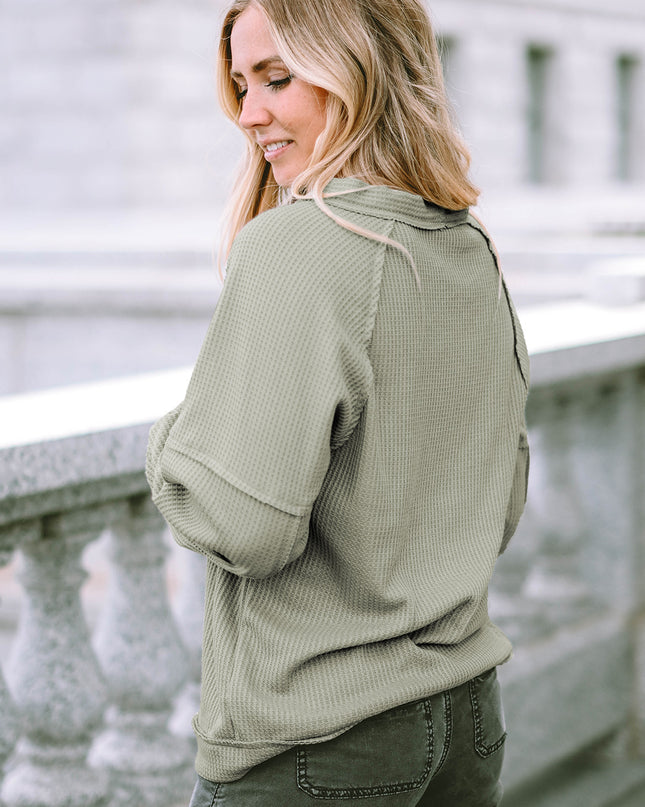 Button Down V-Neck Waffle Knit Shirt