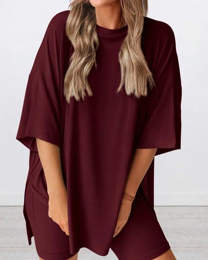 Full Size Oversized Slit Round Neck Top and Shorts Lounge Set Plus Size 