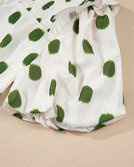 Polka Dot Shirred Yoke Notched Neck Puff Sleeve Blouse