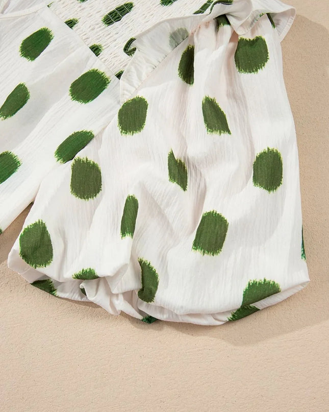 Polka Dot Shirred Yoke Notched Neck Puff Sleeve Blouse