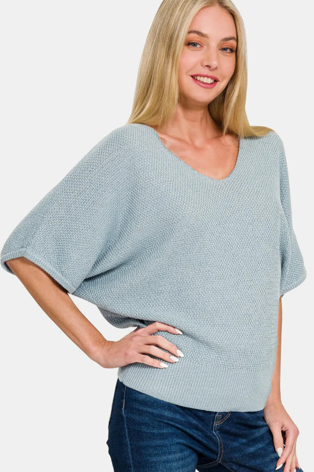 Zenana V-Neck Short Sleeve Dolman Sweater Blue Grey