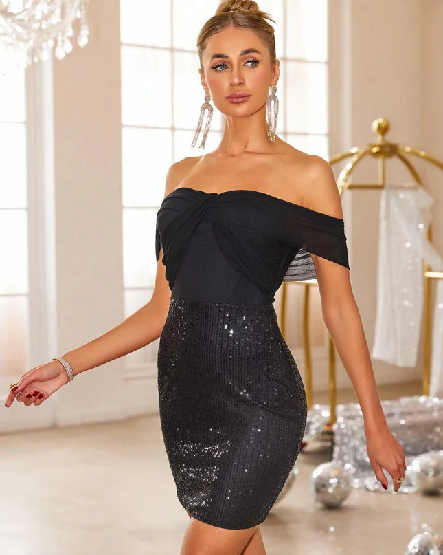 Backless Sequin Off Shoulder Short Sleeve Dress 