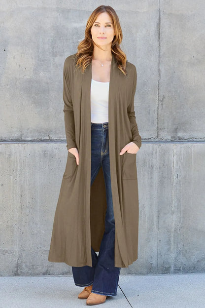 Basic Bae Full Size Open Front Long Sleeve Cover Up Brown