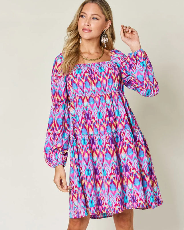 Double Take Full Size Printed Long Sleeve Dress Hot Pink