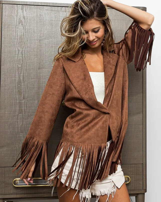 BiBi Suede Single Blazer with Fringed Hem
