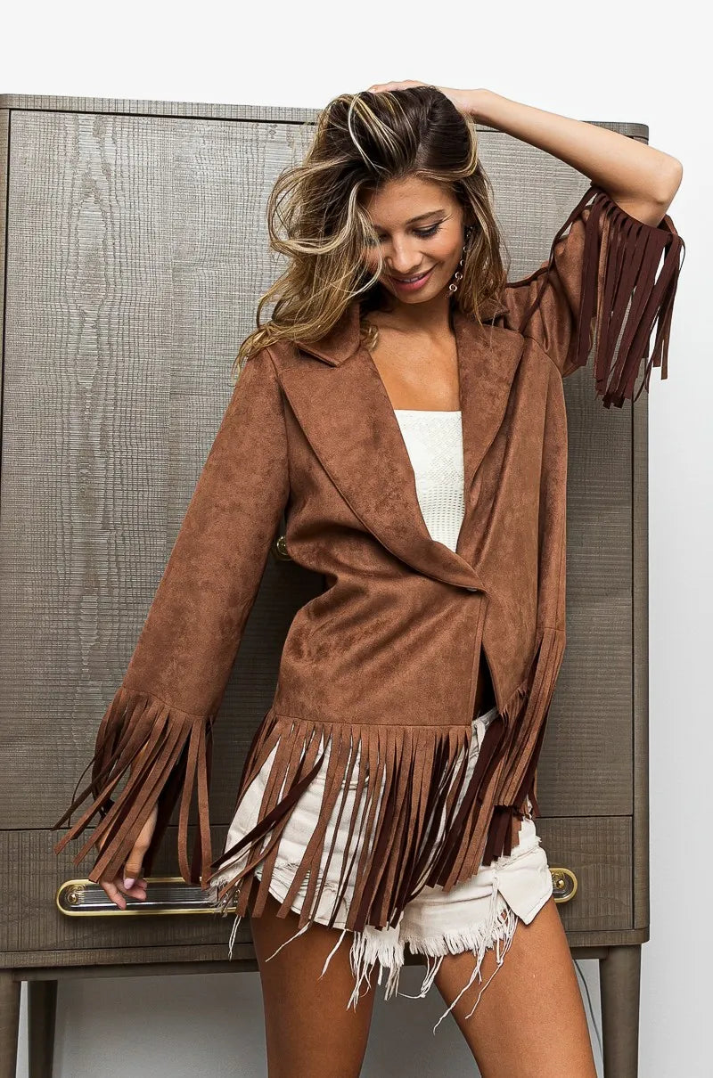 BiBi Suede Single Blazer with Fringed Hem