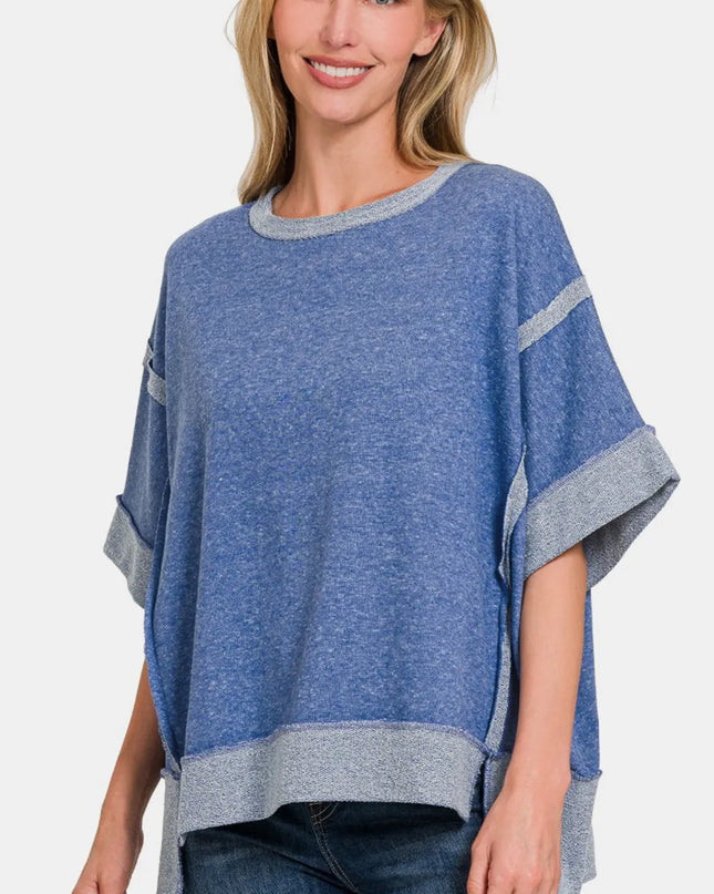 Zenana Contrast Trim Drop Shoulder T-Shirt Lt Navy