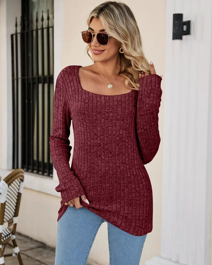 Ribbed Square Neck Long Sleeve T-Shirt Burgundy