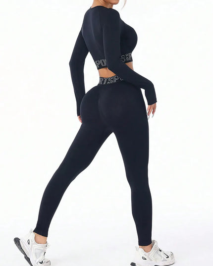 Letter Print Round Neck Long Sleeve Top and Leggings Active Set 