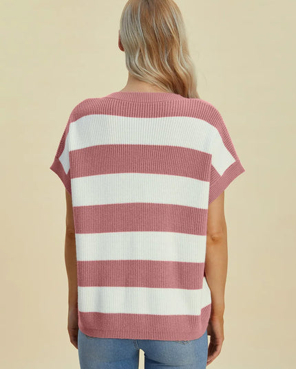 Double Take Full Size Striped V-Neck Short Sleeve Sweater