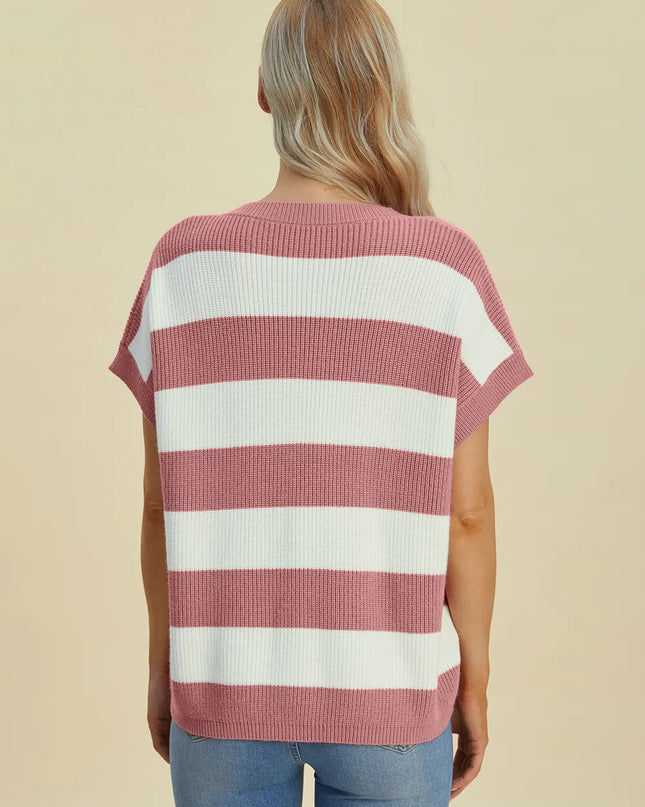 Double Take Full Size Striped V-Neck Short Sleeve Sweater