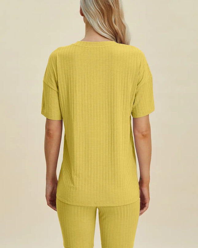 Basic Bae Full Size Ribbed V-Neck Short Sleeve Top and Shorts Set