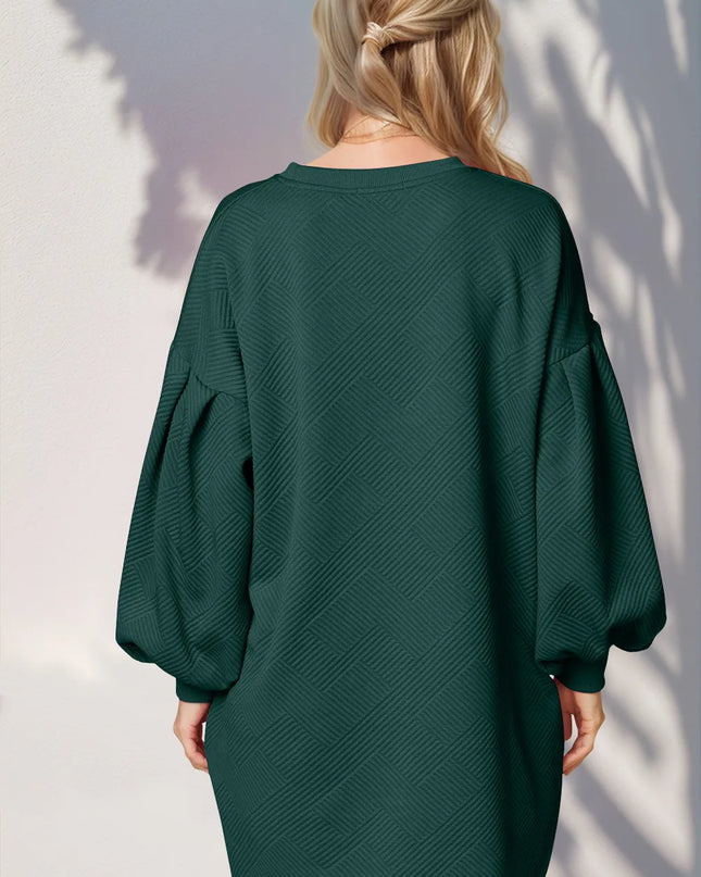 Double Take Drop Shoulder Lantern Sleeve Texture Mini Dress with Pockets