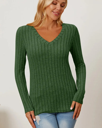 Basic Bae Full Size Ribbed V-Neck Long Sleeve T-Shirt