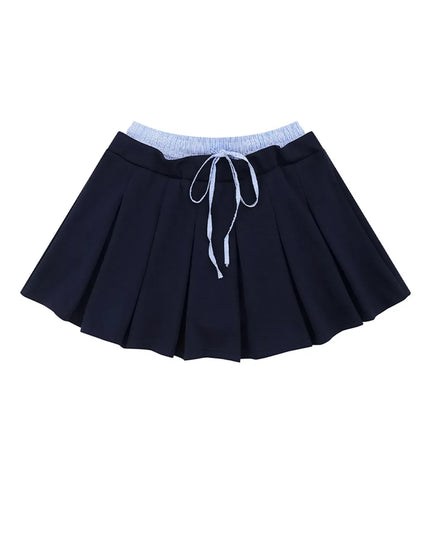 Drawstring Pleated Mini Skirt Blue