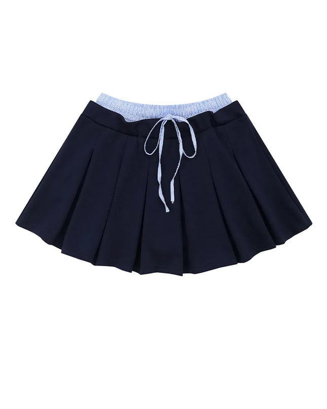 Drawstring Pleated Mini Skirt Blue