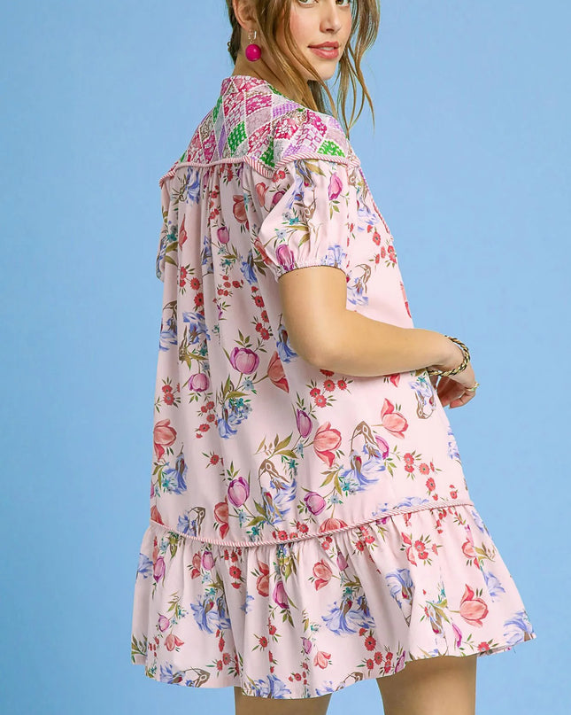Umgee Floral Print Tie Neck Puff Sleeve Dress