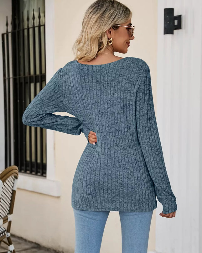 Ribbed Square Neck Long Sleeve T-Shirt